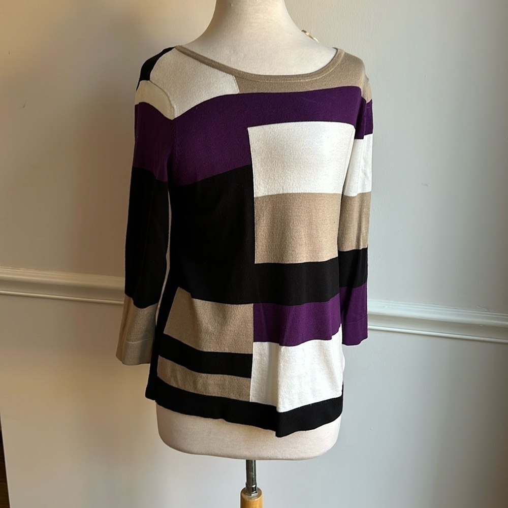 Carole Rose Color block, crewneck, pullover, purple, black tan cream Large EUC